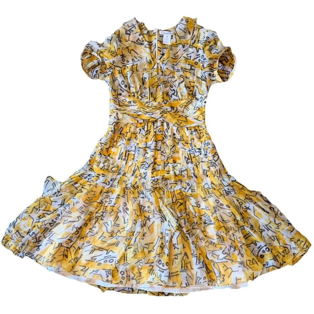 Oscar de la Renta Yellow Silk Fit Flare V Neck Ruffles Lined Zip Dress S 8 Italy